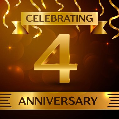 Gerçekçi dört yıl yıldönümü kutlama tasarım. Altın konfeti ve altın şerit kahverengi zemin üzerinde. Doğum günü partin için renkli vektör şablon öğeleri