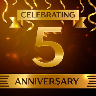 Gerçekçi beş yıl yıldönümü kutlama tasarım. Altın konfeti ve altın şerit kahverengi zemin üzerinde. Doğum günü partin için renkli vektör şablon öğeleri