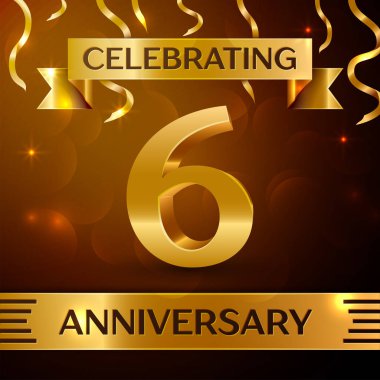 Gerçekçi altı yıl yıldönümü kutlama tasarım. Altın konfeti ve altın şerit kahverengi zemin üzerinde. Doğum günü partin için renkli vektör şablon öğeleri