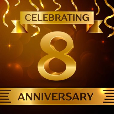 Gerçekçi sekiz yıl yıldönümü kutlama tasarım. Altın konfeti ve altın şerit kahverengi zemin üzerinde. Doğum günü partin için renkli vektör şablon öğeleri