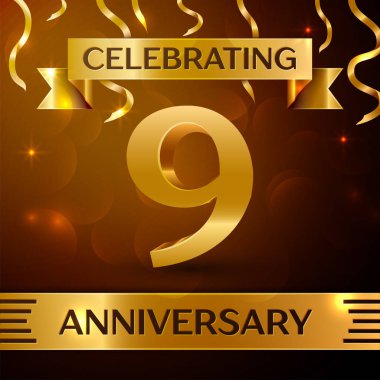 Gerçekçi dokuz yıl yıldönümü kutlama tasarım. Altın konfeti ve altın şerit kahverengi zemin üzerinde. Doğum günü partin için renkli vektör şablon öğeleri