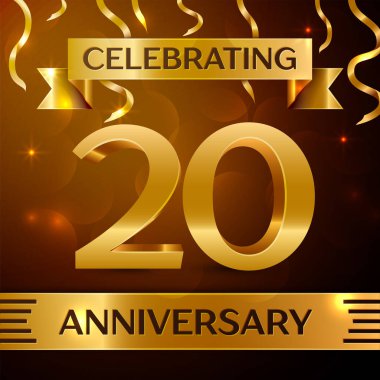 Gerçekçi yirmi yıl yıldönümü kutlama tasarım. Altın konfeti ve altın şerit kahverengi zemin üzerinde. Doğum günü partin için renkli vektör şablon öğeleri