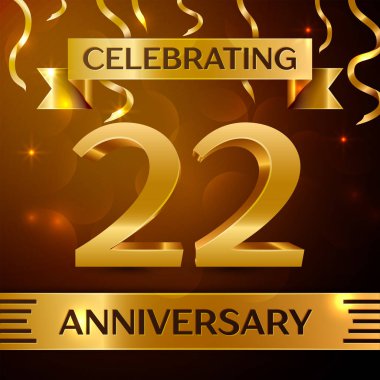 Gerçekçi yirmi iki yıl yıldönümü kutlama tasarım. Altın konfeti ve altın şerit kahverengi zemin üzerinde. Doğum günü partin için renkli vektör şablon öğeleri