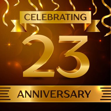 Gerçekçi yirmi üç yıl yıldönümü kutlama tasarım. Altın konfeti ve altın şerit kahverengi zemin üzerinde. Doğum günü partin için renkli vektör şablon öğeleri