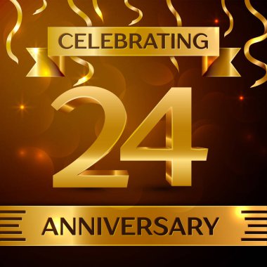 Gerçekçi yirmi dört yıl yıldönümü kutlama tasarım. Altın konfeti ve altın şerit kahverengi zemin üzerinde. Doğum günü partin için renkli vektör şablon öğeleri