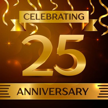 Gerçekçi yirmi beş yıl yıldönümü kutlama tasarım. Altın konfeti ve altın şerit kahverengi zemin üzerinde. Doğum günü partin için renkli vektör şablon öğeleri