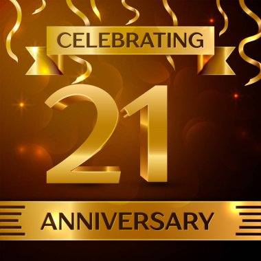 Gerçekçi yirmi bir yıl yıldönümü kutlama tasarım. Altın konfeti ve altın şerit kahverengi zemin üzerinde. Doğum günü partin için renkli vektör şablon öğeleri