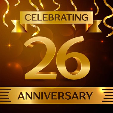 Gerçekçi yirmi altı yıl yıldönümü kutlama tasarım. Altın konfeti ve altın şerit kahverengi zemin üzerinde. Doğum günü partin için renkli vektör şablon öğeleri