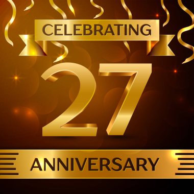 Gerçekçi yirmi yedi yıl yıldönümü kutlama tasarım. Altın konfeti ve altın şerit kahverengi zemin üzerinde. Doğum günü partin için renkli vektör şablon öğeleri