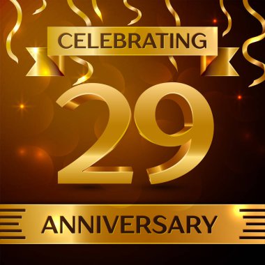 Gerçekçi yirmi dokuz yıl yıldönümü kutlama tasarım. Altın konfeti ve altın şerit kahverengi zemin üzerinde. Doğum günü partin için renkli vektör şablon öğeleri