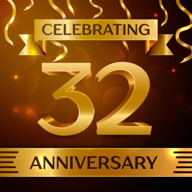 Gerçekçi otuz iki yıl yıldönümü kutlama tasarım. Altın konfeti ve altın şerit kahverengi zemin üzerinde. Doğum günü partin için renkli vektör şablon öğeleri