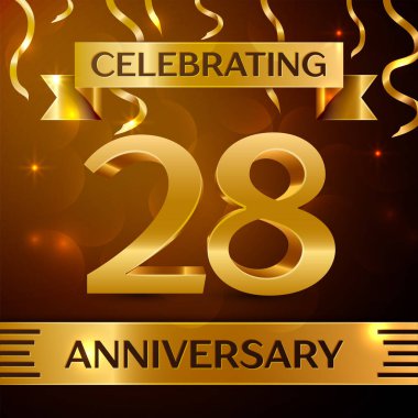 Gerçekçi yirmi sekiz yıl yıldönümü kutlama tasarım. Altın konfeti ve altın şerit kahverengi zemin üzerinde. Doğum günü partin için renkli vektör şablon öğeleri