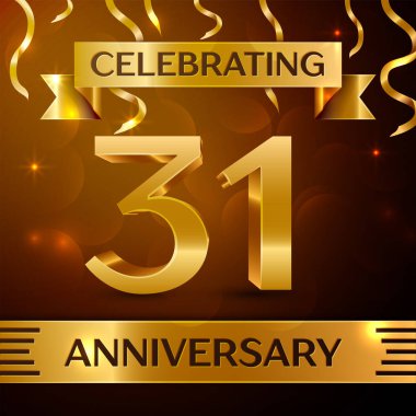 Gerçekçi otuz bir yıl yıldönümü kutlama tasarım. Altın konfeti ve altın şerit kahverengi zemin üzerinde. Doğum günü partin için renkli vektör şablon öğeleri