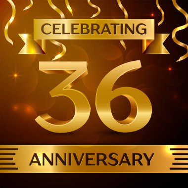 Gerçekçi otuz altı yıl yıldönümü kutlama tasarım. Altın konfeti ve altın şerit kahverengi zemin üzerinde. Doğum günü partin için renkli vektör şablon öğeleri