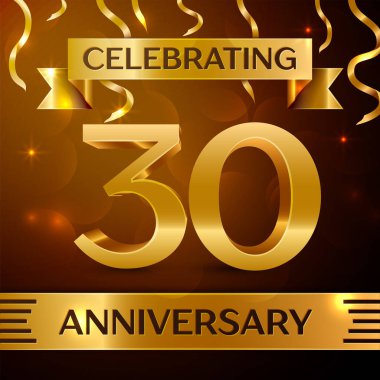 Gerçekçi otuz yıl yıldönümü kutlama tasarım. Altın konfeti ve altın şerit kahverengi zemin üzerinde. Doğum günü partin için renkli vektör şablon öğeleri