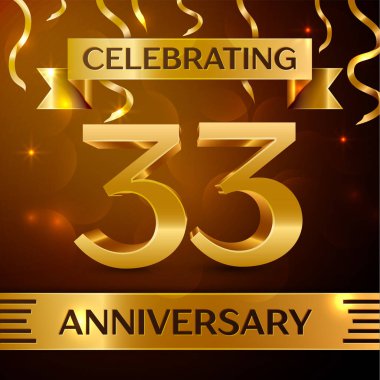 Gerçekçi otuz üç yıl yıldönümü kutlama tasarım. Altın konfeti ve altın şerit kahverengi zemin üzerinde. Doğum günü partin için renkli vektör şablon öğeleri