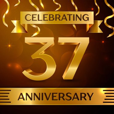 Gerçekçi otuz yedi yıl yıldönümü kutlama tasarım. Altın konfeti ve altın şerit kahverengi zemin üzerinde. Doğum günü partin için renkli vektör şablon öğeleri