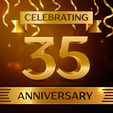 Gerçekçi otuz beş yıl yıldönümü kutlama tasarım. Altın konfeti ve altın şerit kahverengi zemin üzerinde. Doğum günü partin için renkli vektör şablon öğeleri