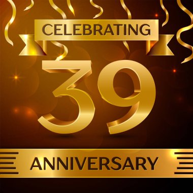 Gerçekçi otuz dokuz yıl yıldönümü kutlama tasarım. Altın konfeti ve altın şerit kahverengi zemin üzerinde. Doğum günü partin için renkli vektör şablon öğeleri