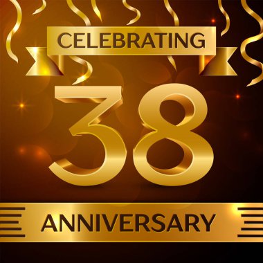 Gerçekçi otuz sekiz yıl yıldönümü kutlama tasarım. Altın konfeti ve altın şerit kahverengi zemin üzerinde. Doğum günü partin için renkli vektör şablon öğeleri