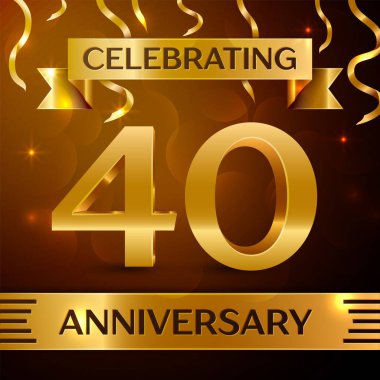 Gerçekçi kırk yıl yıldönümü kutlama tasarım. Altın konfeti ve altın şerit kahverengi zemin üzerinde. Doğum günü partin için renkli vektör şablon öğeleri