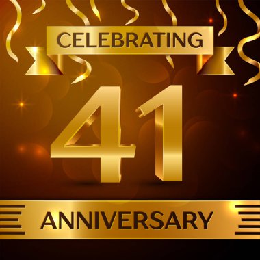 Gerçekçi kırk bir yıl yıldönümü kutlama tasarım. Altın konfeti ve altın şerit kahverengi zemin üzerinde. Doğum günü partin için renkli vektör şablon öğeleri