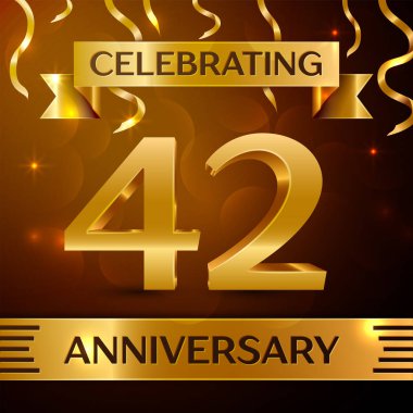 Gerçekçi kırk iki yıl yıldönümü kutlama tasarım. Altın konfeti ve altın şerit kahverengi zemin üzerinde. Doğum günü partin için renkli vektör şablon öğeleri