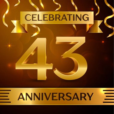 Gerçekçi kırk üç yıl yıldönümü kutlama tasarım. Altın konfeti ve altın şerit kahverengi zemin üzerinde. Doğum günü partin için renkli vektör şablon öğeleri