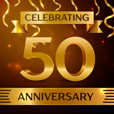 Gerçekçi elli yıl yıldönümü kutlama tasarım. Altın konfeti ve altın şerit kahverengi zemin üzerinde. Doğum günü partin için renkli vektör şablon öğeleri