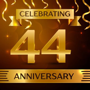 Gerçekçi kırk dört yıl yıldönümü kutlama tasarım. Altın konfeti ve altın şerit kahverengi zemin üzerinde. Doğum günü partin için renkli vektör şablon öğeleri