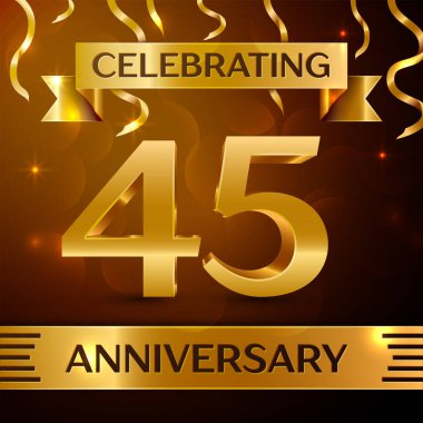 Gerçekçi kırk beş yıl yıldönümü kutlama tasarım. Altın konfeti ve altın şerit kahverengi zemin üzerinde. Doğum günü partin için renkli vektör şablon öğeleri