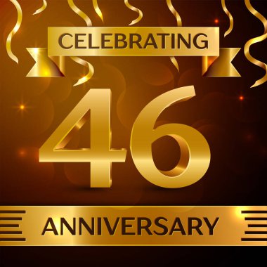 Gerçekçi kırk altı yıl yıldönümü kutlama tasarım. Altın konfeti ve altın şerit kahverengi zemin üzerinde. Doğum günü partin için renkli vektör şablon öğeleri