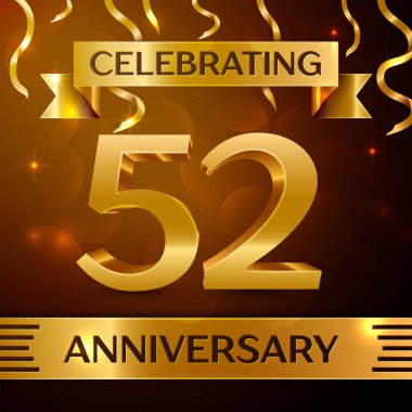 Gerçekçi elli iki yıl yıldönümü kutlama tasarım. Altın konfeti ve altın şerit kahverengi zemin üzerinde. Doğum günü partin için renkli vektör şablon öğeleri