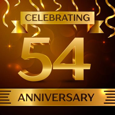 Gerçekçi elli dört yıl yıldönümü kutlama tasarım. Altın konfeti ve altın şerit kahverengi zemin üzerinde. Doğum günü partin için renkli vektör şablon öğeleri