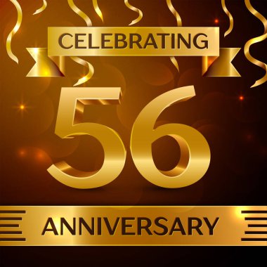 Gerçekçi elli altı yıl yıldönümü kutlama tasarım. Altın konfeti ve altın şerit kahverengi zemin üzerinde. Doğum günü partin için renkli vektör şablon öğeleri