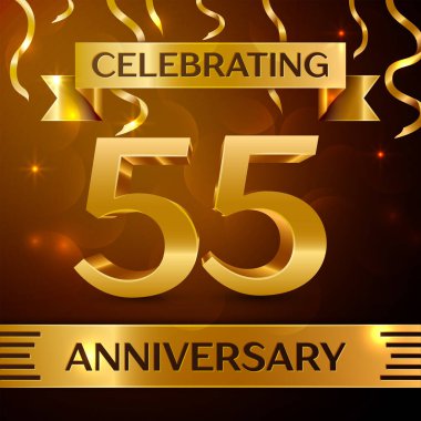 Gerçekçi elli beş yıl yıldönümü kutlama tasarım. Altın konfeti ve altın şerit kahverengi zemin üzerinde. Doğum günü partin için renkli vektör şablon öğeleri