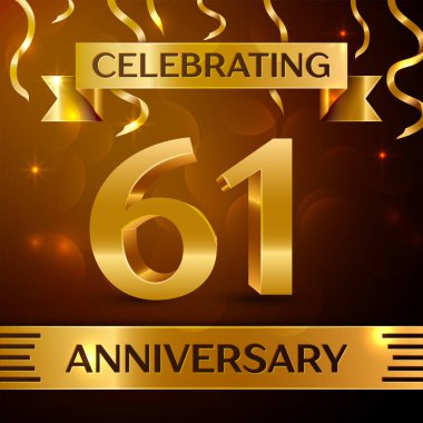 Gerçekçi altmış bir yıl yıldönümü kutlama tasarım. Altın konfeti ve altın şerit kahverengi zemin üzerinde. Doğum günü partin için renkli vektör şablon öğeleri