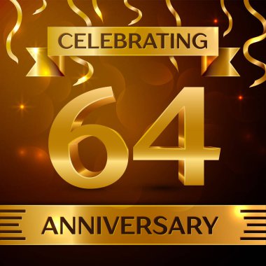 Gerçekçi altmış dört yıl yıldönümü kutlama tasarım. Altın konfeti ve altın şerit kahverengi zemin üzerinde. Doğum günü partin için renkli vektör şablon öğeleri