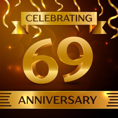 Gerçekçi altmış dokuz yıl yıldönümü kutlama tasarım. Altın konfeti ve altın şerit kahverengi zemin üzerinde. Doğum günü partin için renkli vektör şablon öğeleri