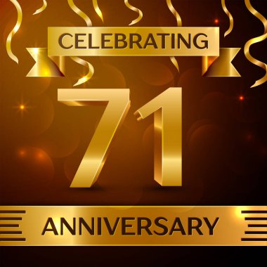 Gerçekçi yetmiş bir yıl yıldönümü kutlama tasarım. Altın konfeti ve altın şerit kahverengi zemin üzerinde. Doğum günü partin için renkli vektör şablon öğeleri