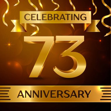 Gerçekçi yetmiş üç yıl yıldönümü kutlama tasarım. Altın konfeti ve altın şerit kahverengi zemin üzerinde. Doğum günü partin için renkli vektör şablon öğeleri