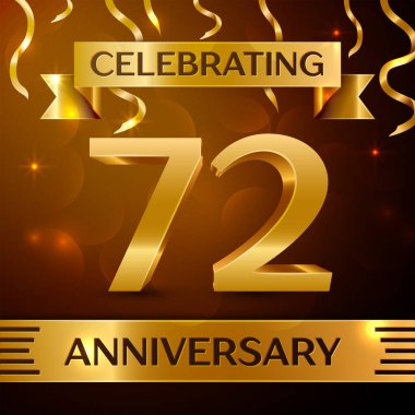 Gerçekçi yetmiş iki yıl yıldönümü kutlama tasarım. Altın konfeti ve altın şerit kahverengi zemin üzerinde. Doğum günü partin için renkli vektör şablon öğeleri