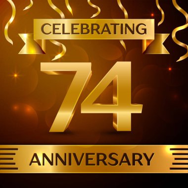 Gerçekçi yetmiş dört yıl yıldönümü kutlama tasarım. Altın konfeti ve altın şerit kahverengi zemin üzerinde. Doğum günü partin için renkli vektör şablon öğeleri