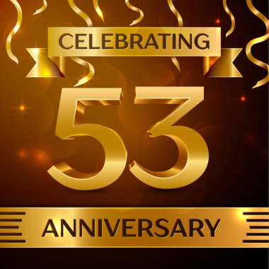 Gerçekçi elli üç yıl yıldönümü kutlama tasarım. Altın konfeti ve altın şerit kahverengi zemin üzerinde. Doğum günü partin için renkli vektör şablon öğeleri