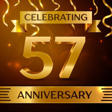 Gerçekçi elli yedi yıl yıldönümü kutlama tasarım. Altın konfeti ve altın şerit kahverengi zemin üzerinde. Doğum günü partin için renkli vektör şablon öğeleri