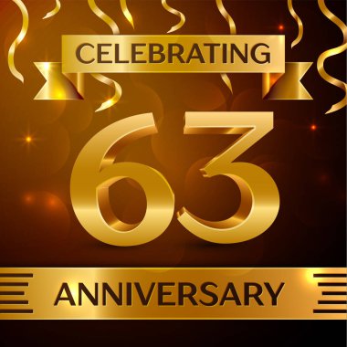 Gerçekçi altmış üç yıl yıldönümü kutlama tasarım. Altın konfeti ve altın şerit kahverengi zemin üzerinde. Doğum günü partin için renkli vektör şablon öğeleri