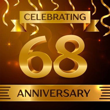 Gerçekçi altmış sekiz yıl yıldönümü kutlama tasarım. Altın konfeti ve altın şerit kahverengi zemin üzerinde. Doğum günü partin için renkli vektör şablon öğeleri