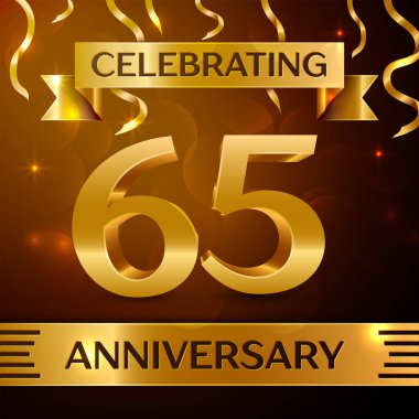 Gerçekçi altmış beş yıl yıldönümü kutlama tasarım. Altın konfeti ve altın şerit kahverengi zemin üzerinde. Doğum günü partin için renkli vektör şablon öğeleri