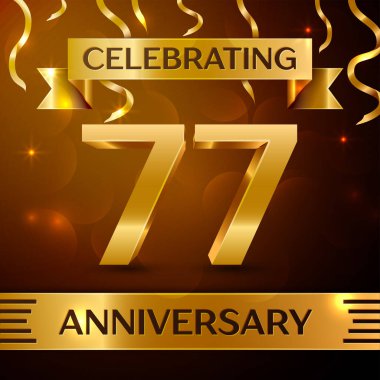 Gerçekçi yetmiş yedi yıl yıldönümü kutlama tasarım. Altın konfeti ve altın şerit kahverengi zemin üzerinde. Doğum günü partin için renkli vektör şablon öğeleri