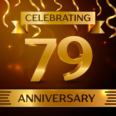 Gerçekçi yetmiş dokuz yıl yıldönümü kutlama tasarım. Altın konfeti ve altın şerit kahverengi zemin üzerinde. Doğum günü partin için renkli vektör şablon öğeleri